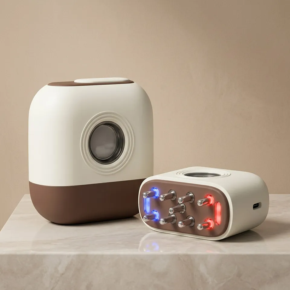 Scalp Renewal Light Device, ivory and cocoa handpiece, studio shot